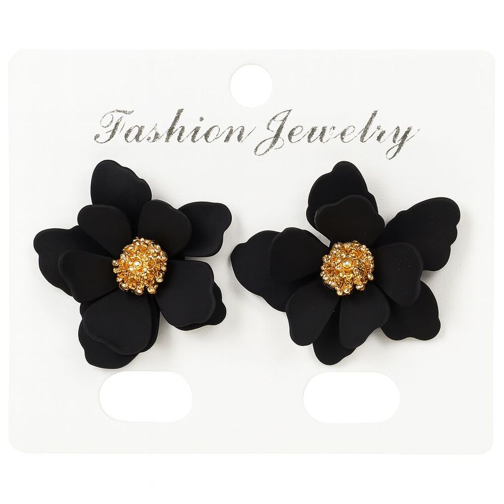Gold Tone Metal Black Flower Stud Fashion Earrings Textured Petals Boho Chic